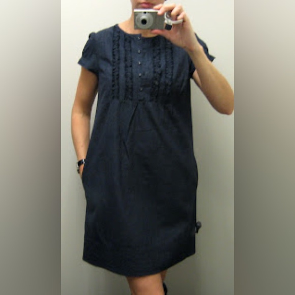 Gap Dark Denim 1/2 Button,Smocked,Side Pockets,Size L 100%Cotton Shift Dress